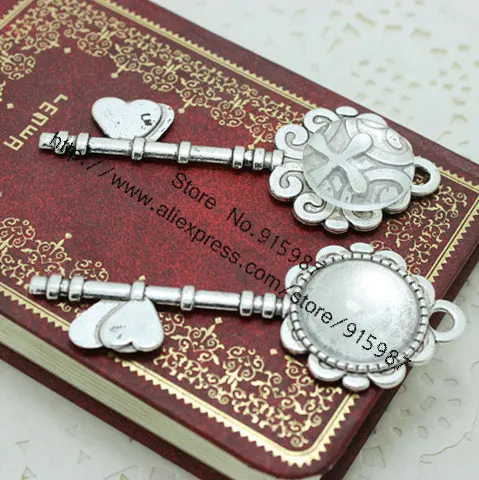 

Sweet Bell 8set Antique Metal Alloy Keys 28*72mm(Fit20mm DiA)Round Cabochon Pendant Settings+Clear Glass Cabochon