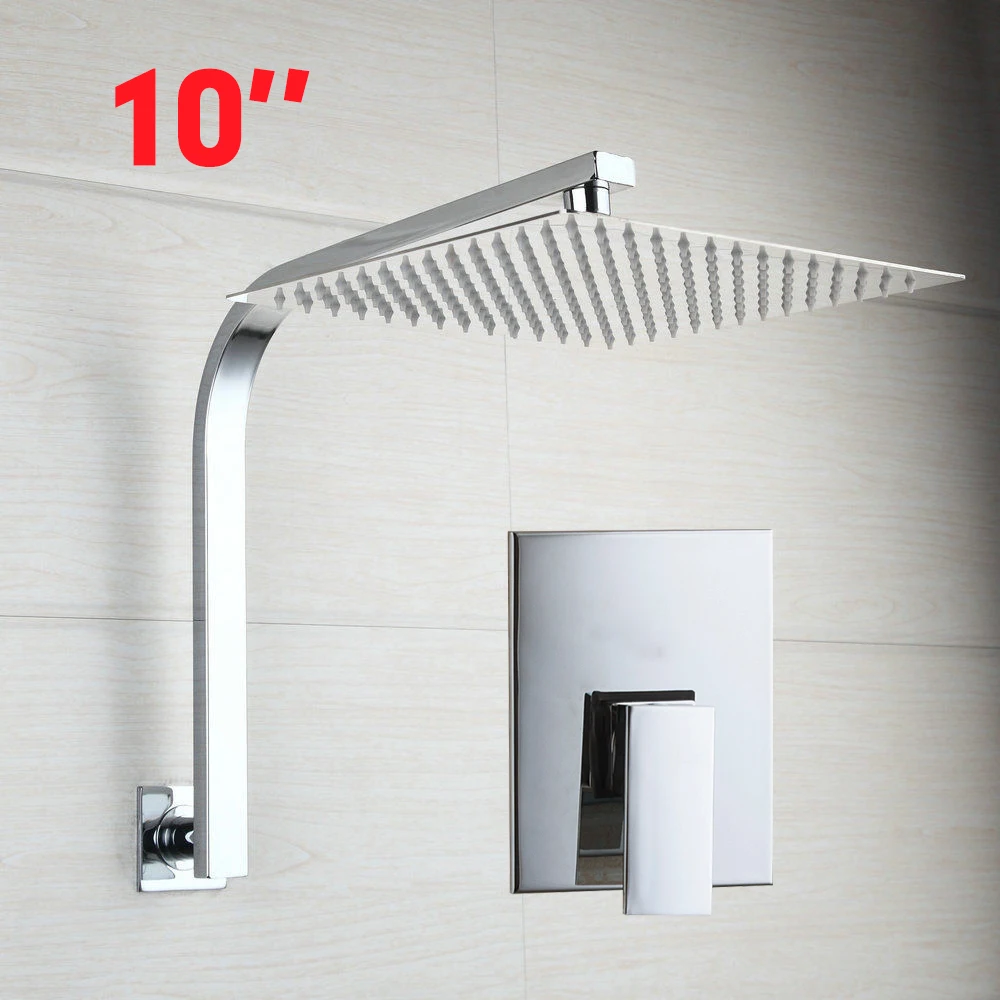 10 Inch Shower Set Monite 6 8 10 12 16 дюймов хромированный латунный душевой клапан с квадратной головкой набор W/настенный супер тонкий гусиный Гриф для шеи набор для душа Смесители - Цвет: 10 Inch Shower Set