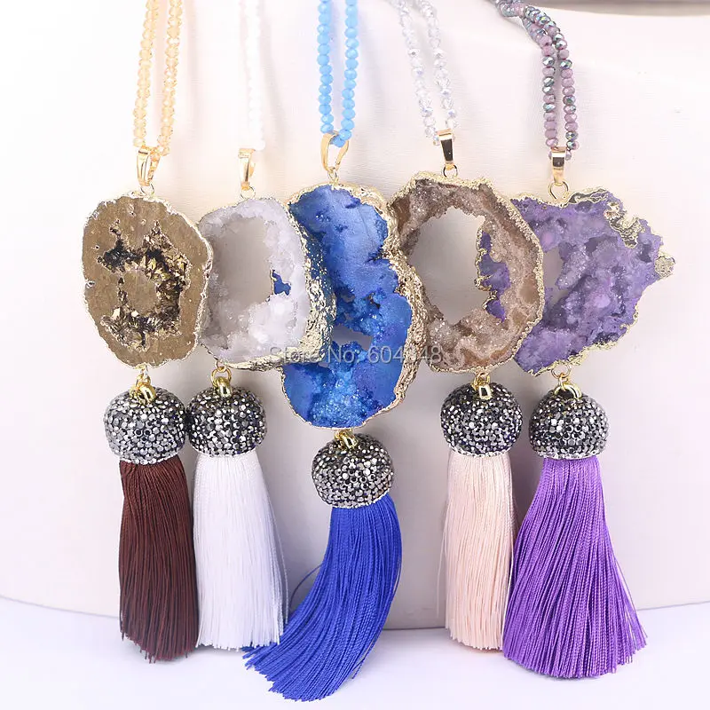 5 нитей Zyunz кварцевые бусины из жеоды с шелковой кисточкой длинное ожерелье
