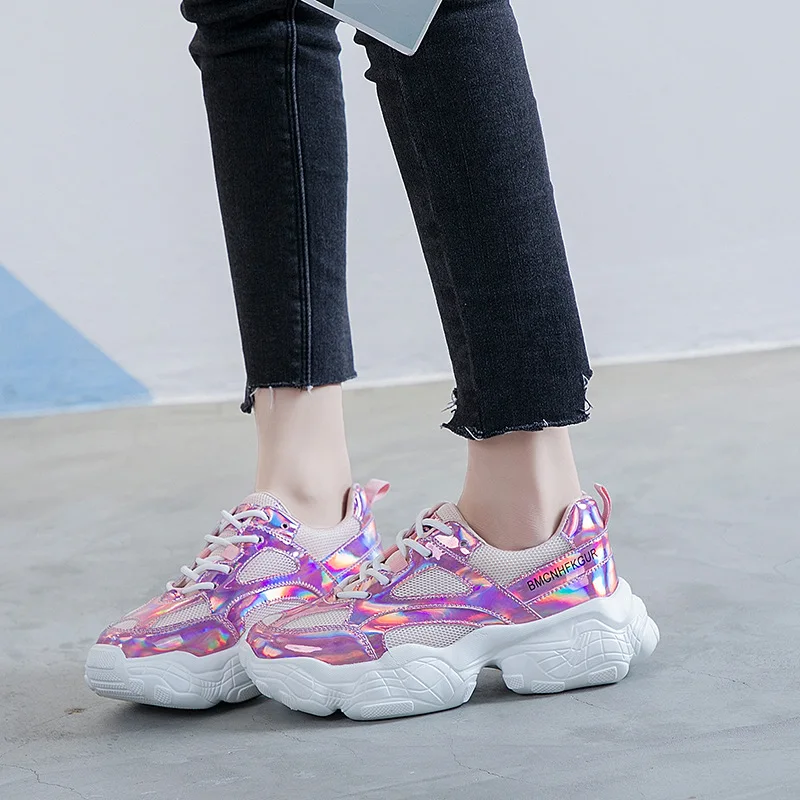 Повседневная обувь; женские кроссовки на массивной платформе; chaussures femme; сезон весна; Новинка; zapatos de mujer; цвет розовый; Женская обувь в стиле пэчворк; Цвет Серебристый