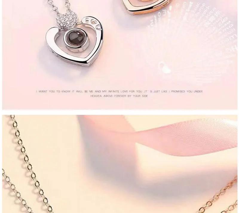 Dropshipping Rose Gold&Silver 100 languages I love you Projection Pendant Necklace Letter Love Memory Wedding Necklace