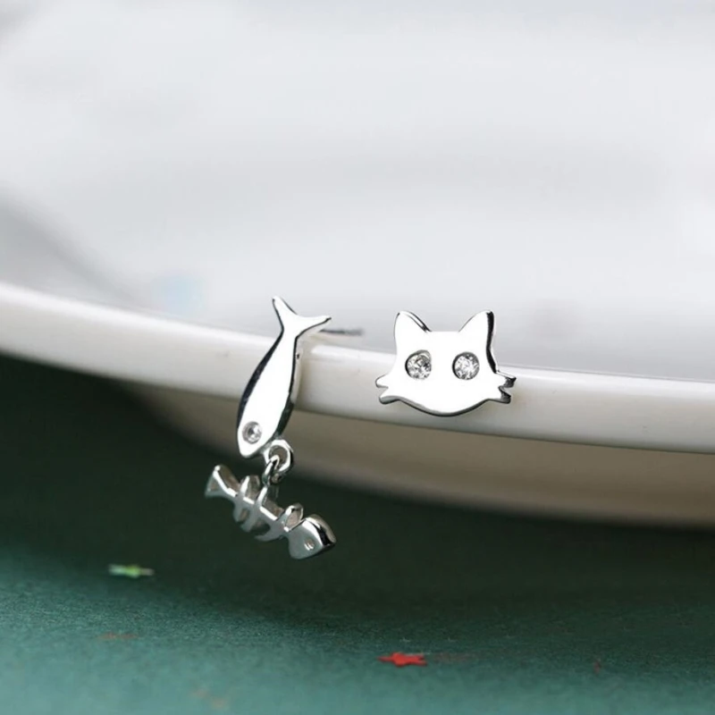 Sole Memory Cute Asymmetrical Fresh Literary Cat Fish Bone Sweet 925 Sterling Silver Fashion Female Stud Earrings SEA454 | Украшения и