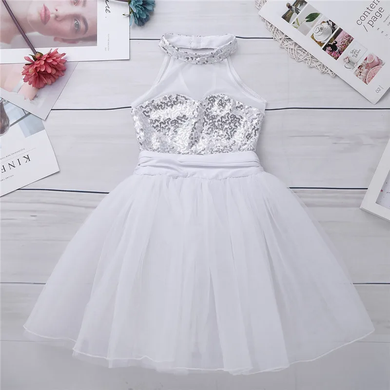 Kids Girls Mock Neck Ballet Dance Dress Gymnastic Leotard Shiny Sequins Sleeveless Mesh Splice Ballet Leotard Flower Girls Dress