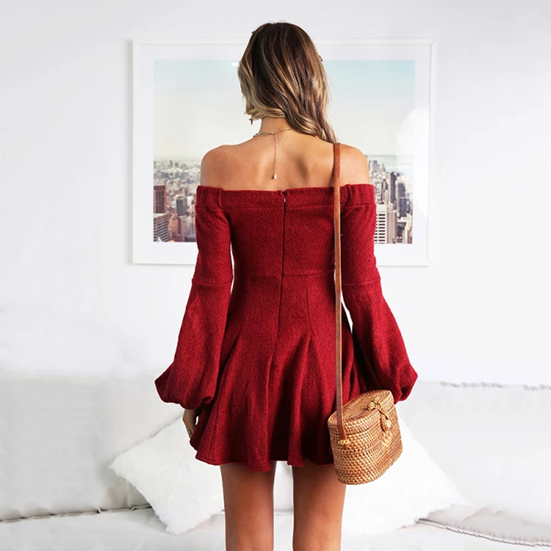 2018 Autumn Winter Off Shoulder Sweater Club Party Pleated Dress Strapless Puff Sleeve Women Vestidos Sexy Mini Dresses | Женская одежда