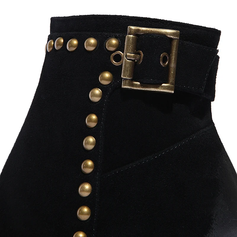 Nubuck Genuine Leather Buckle Rivets Women Boots Vintage Pointed Toe Ankle Chunky Heels Spring Winter Shoes Woman Big Size | Обувь