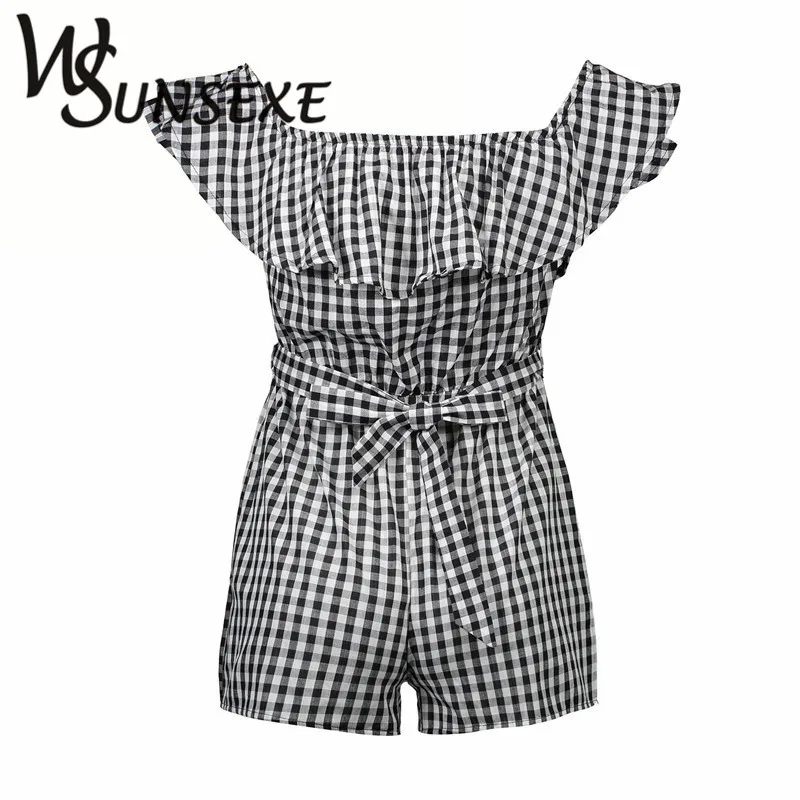 

Sexy Off Shoulder Coveralls Women Jumpsuit Romper Bodysuit 2017 Summer Casual Beachwear Ruffles Plaid Overalls Playsuit Leotard