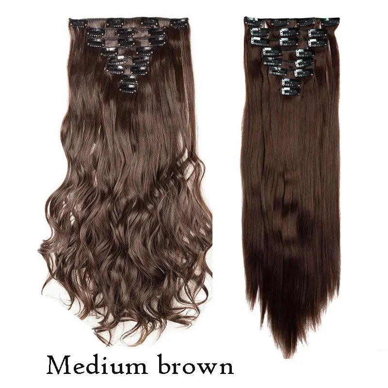 medium brown SNOILITE, 18 клипс, длинные волнистые волосы для наращивания на клипсах, черный, коричневый, синтетические волосы на клипсах для женщин, 24 дюйма - Цвет: medium brown