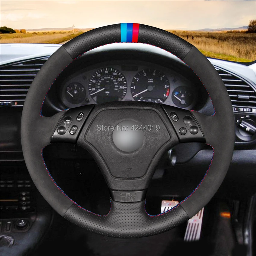 

Car Steering Wheel Cover Steering Wrap Black Leather Black Suede Hand Sewing DIY For BMW E36 E46 E39