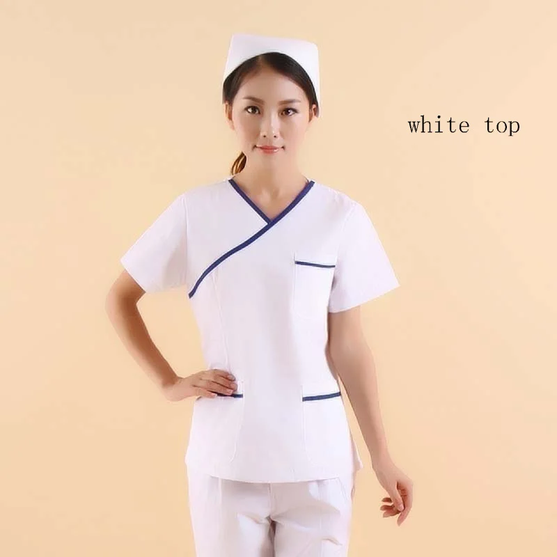 white top Женская мода скрабы Цвет Блокировка дизайн медицинской формы(вы можете выбрать топ/пару брюк или весь комплект - Цвет: white top