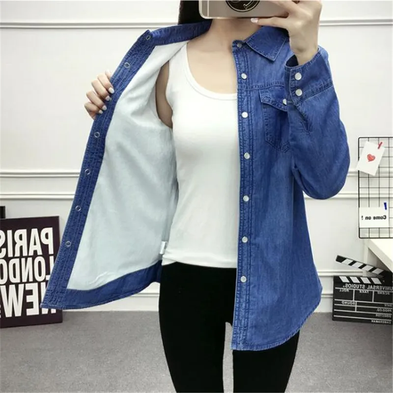 Winter long sleeve denim warm plus velvet shirt ladies casual solid color tops 2019 new wild Denim female AS819 | Женская одежда