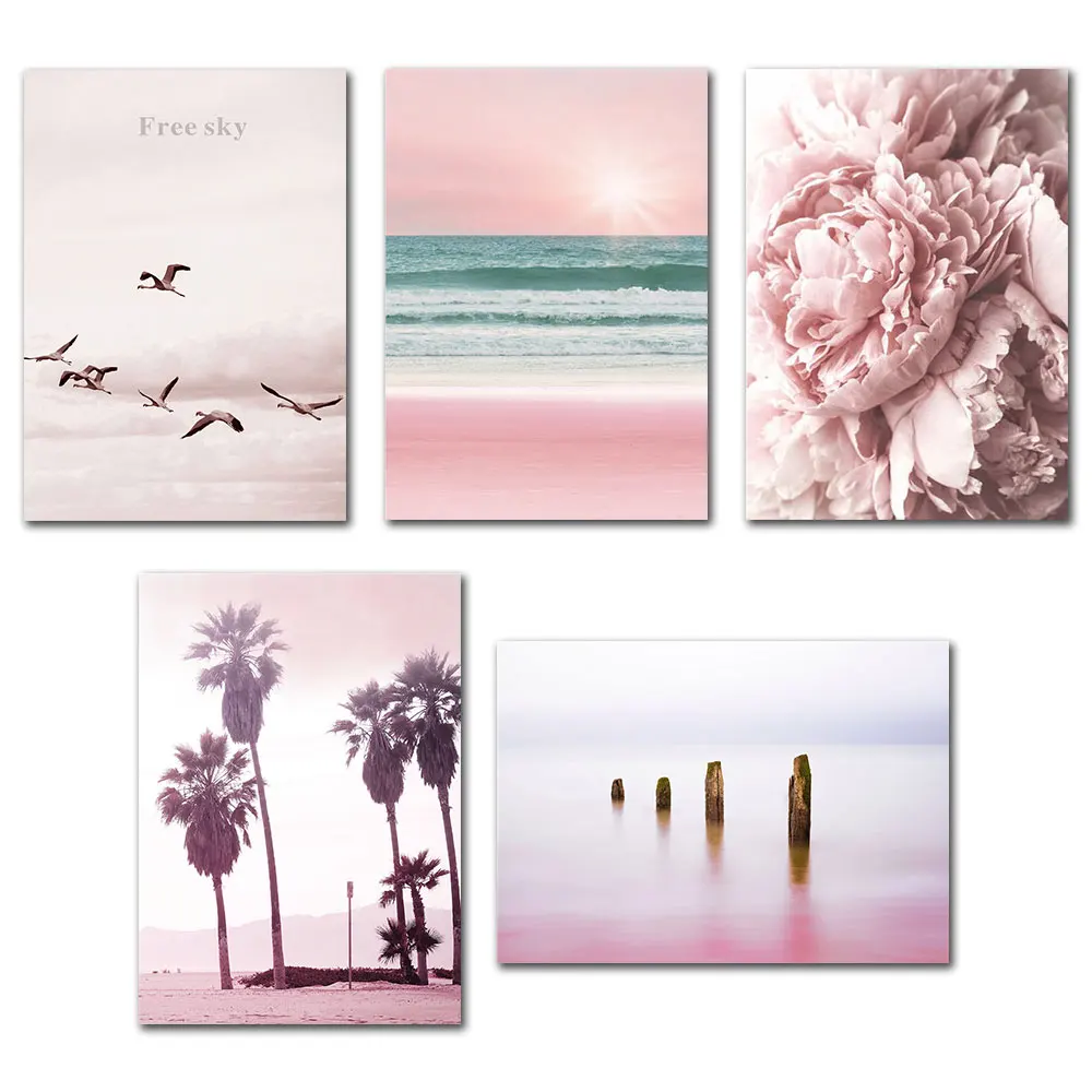 Скандинавский розовый постер пейзаж птицы море пляж картина холст цветочный