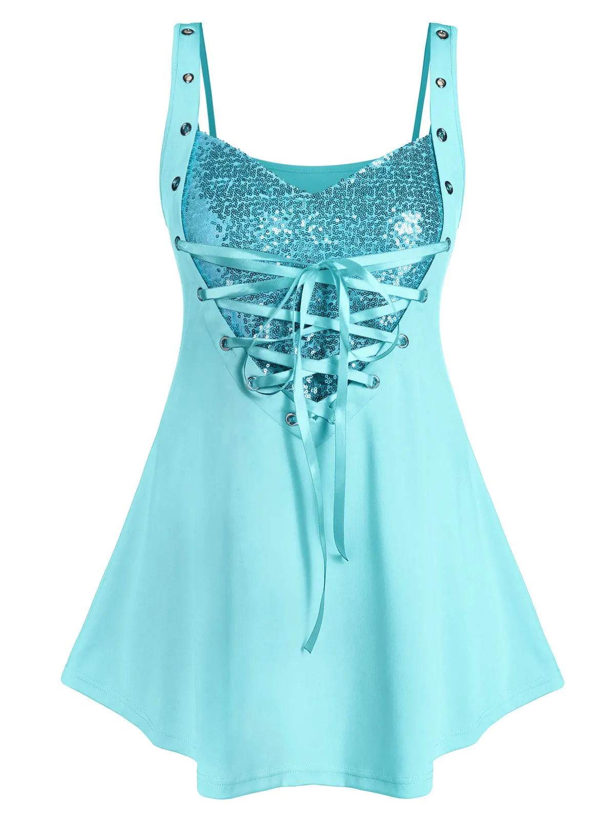 Rosegal Plus Size Sweetheart Neck Glitter Rings Tank Top Sleeveless Casual Women Sequined Tops Gothic Lace up Sexy Party Tops
