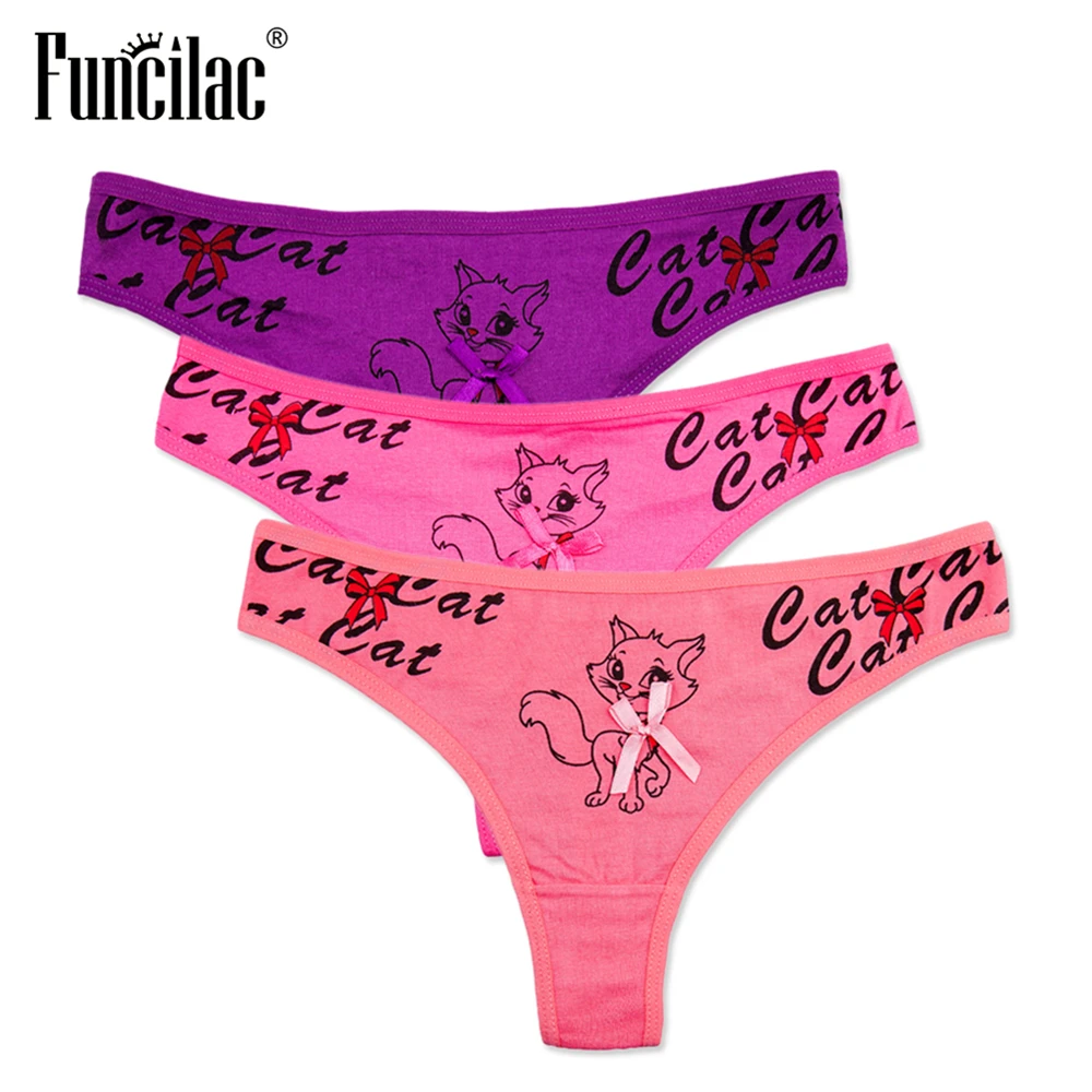FUNCILAC нижнее белье для женщин с рисунком котенка стринги хлопок сексуальные Kawaii