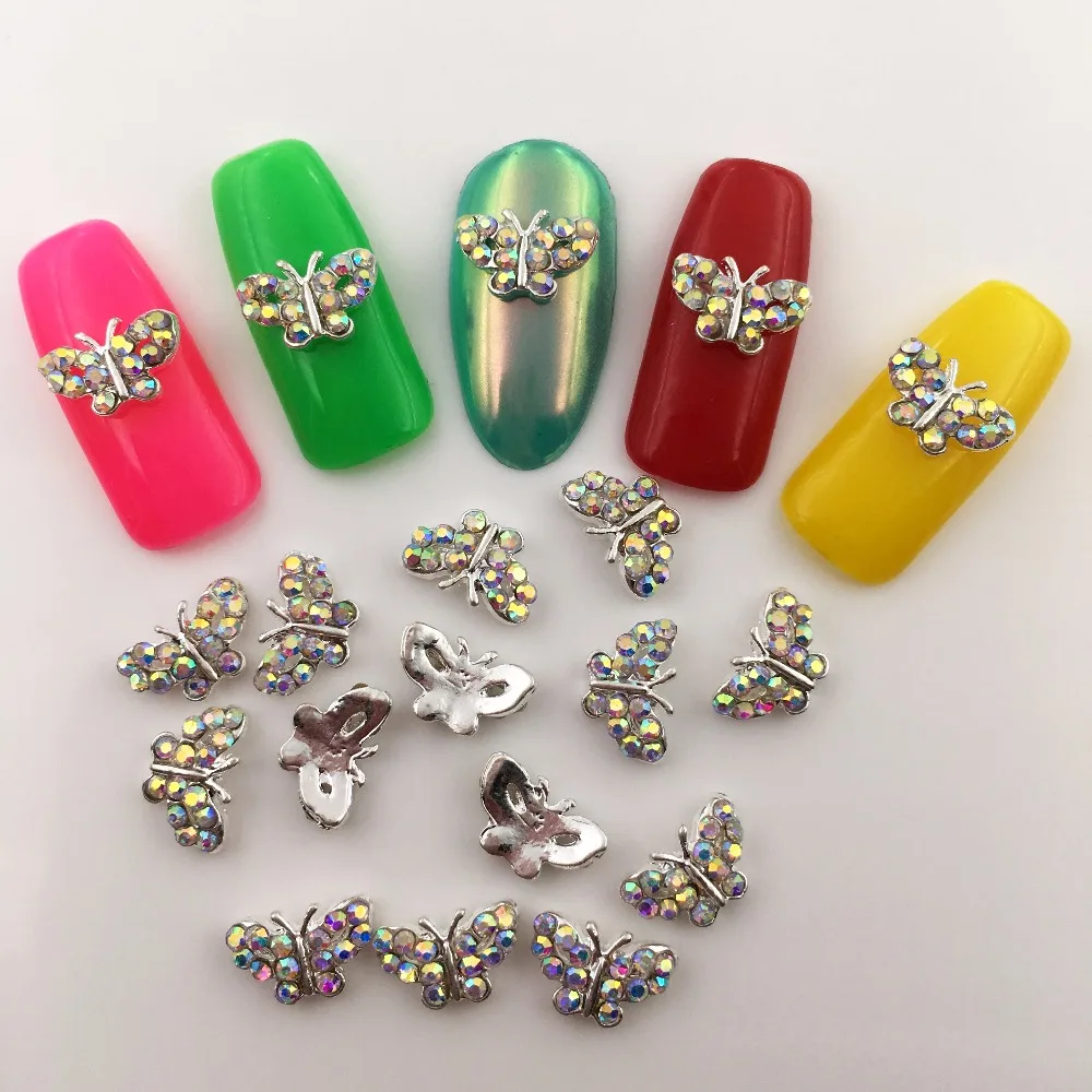 

LEAMX 10pcs New Fashion butterfly Alloy Nail Art Rhinestone Silver stick Nail Jewelry shine DIY Styling Tool Nail Decoration