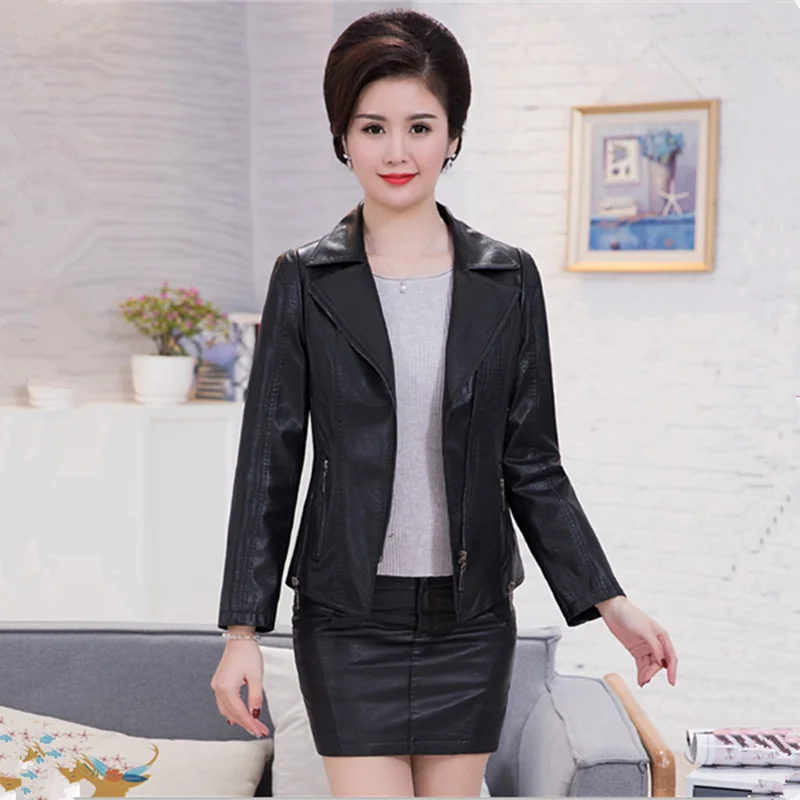 

XL-6XL Leather Jacket Middle Women Mother's Fashion Turn Collar PU Leather Women's Leather Jacket Coat Female 2018 Autumn New