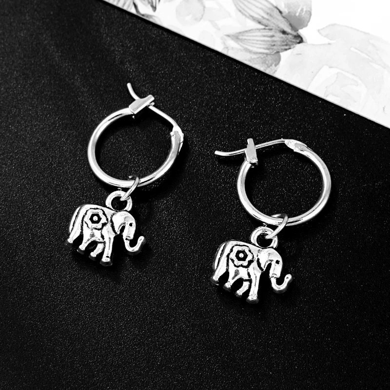 1pair European Retro Small Elephant Pendant Hoop Earrings Women Antique Color Circle Earring Funny Jewelry E555 | Украшения и