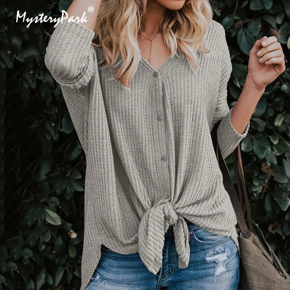 MysteryPark Women Casual Long Sleeve V Neck Thin T Shirt Top Spring New Open Stitch Cardigan Ladies Femme Outwear Button T-shirt | Женская