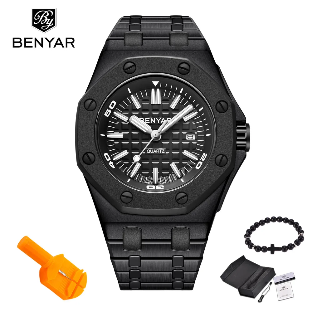 black Gift Бесплатный подарок, новые модные мужские часы BENYAR, мужские брендовые Роскошные Кварцевые часы, мужские повседневные водонепроницаемые спортивные наручные часы, Relogio Masculino - Цвет: black Gift