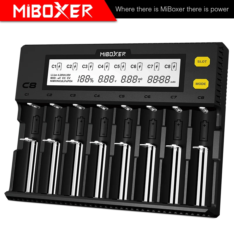 miboxer c8 intelligent charger 8 slots total 4a output smart charger for imr18650 16340 10440 aa aaa 14500 26650 and usb device free global shipping