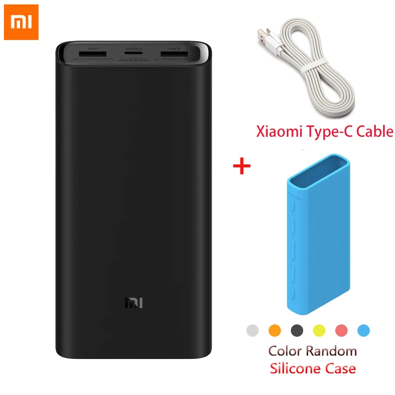 Xiao mi power Bank 3, 20000 мА/ч, портативное зарядное устройство, источник питания, два USB USB-C, двусторонняя быстрая зарядка, mi внешний аккумулятор - Цвет: With Cable and Case