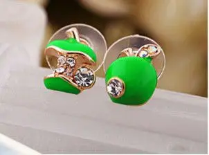 Min order $12 (mix order) Girls Fashion Enamel Red Bitten Apple Rhinestone Asymmetric Earrings Studs | Украшения и аксессуары