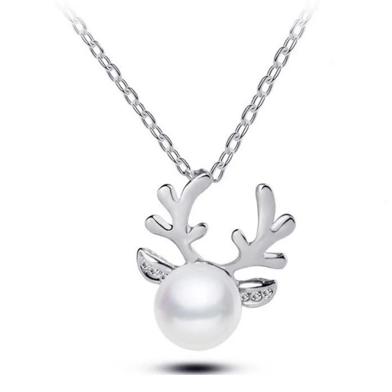 SilverNecklace Модные популярные золотые серебряные рождественские жемчужные серьги с оленями для женщин, серьги-гвоздики и ожерелье для девочек, ювелирные изделия - Окраска металла: SilverNecklace