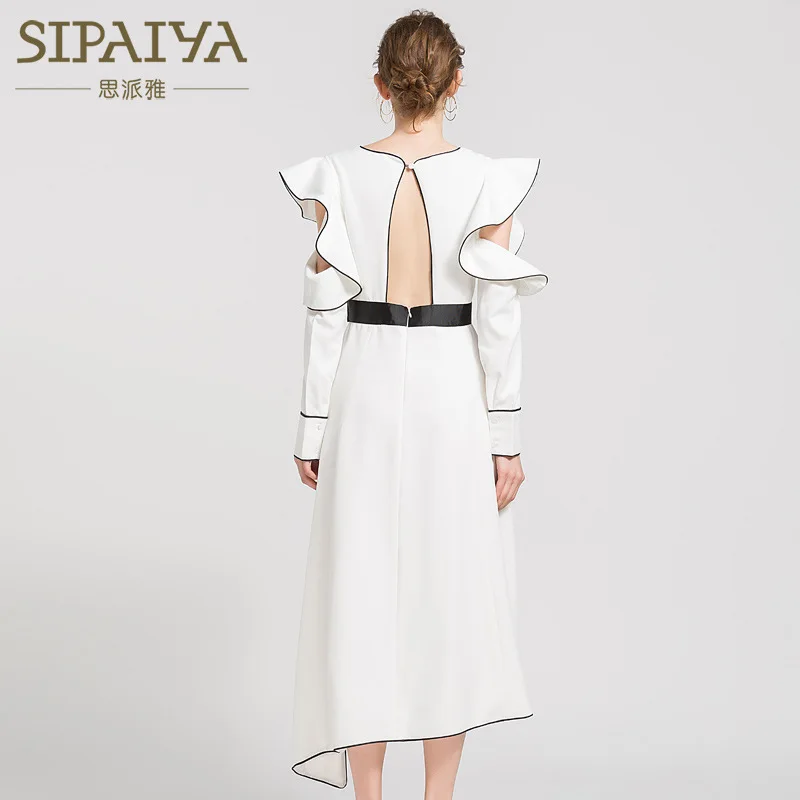 Женское длинное асимметричное платье белое темно синее с v образным вырезом