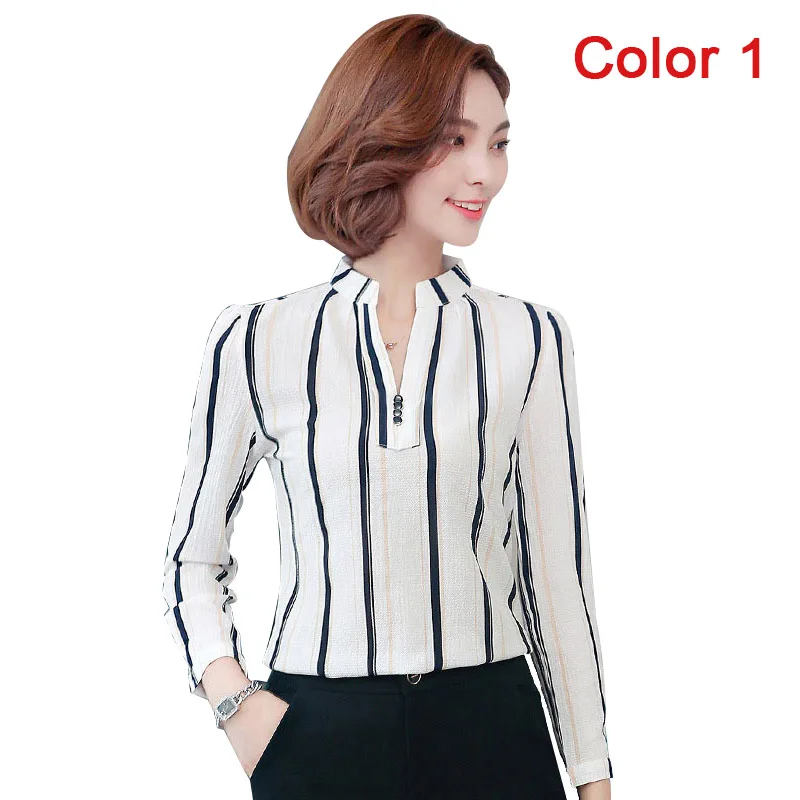 Женская шифоновая блузка, рубашка,, женская одежда, длинный рукав, Blusas, шифон, женские офисные блузки, с принтом, в полоску, в горошек, для девушек, OL, Топ - Цвет: Color 1