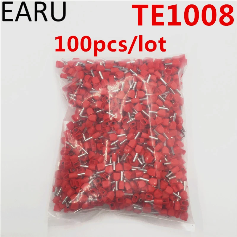 100PCS E Tube TE1008 Type Double Pipe Insulated Twin Cord Cold-press Terminal Block Connector Needle End Multicolor 2X1.0 mm2 |