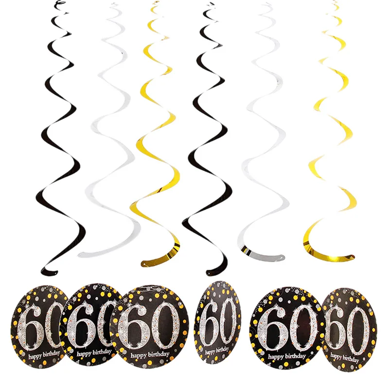 f2 60th Spiral decor 18/21/31/40/50th черный золотой счастливый посуда для вечеринки в честь Дня Рождения наборы скатерть чашки тарелки салфетки Свадебные принадлежности для юбилейной вечеринки - Цвет: f2 60th Spiral decor
