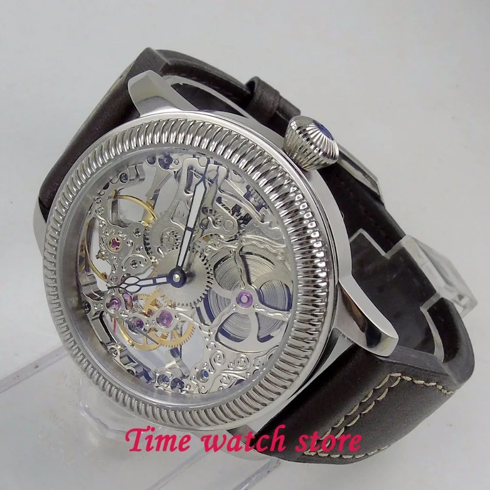 Мужские часы PARNIS Роскошные 44 мм водонепроницаемый кожаный браслет из