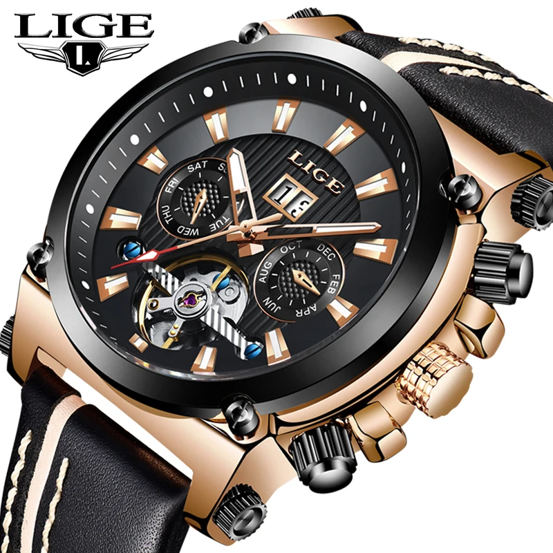 LIGE мужские часы Топ бренд класса люкс бизнес модные автоматические Tourbillon кожа