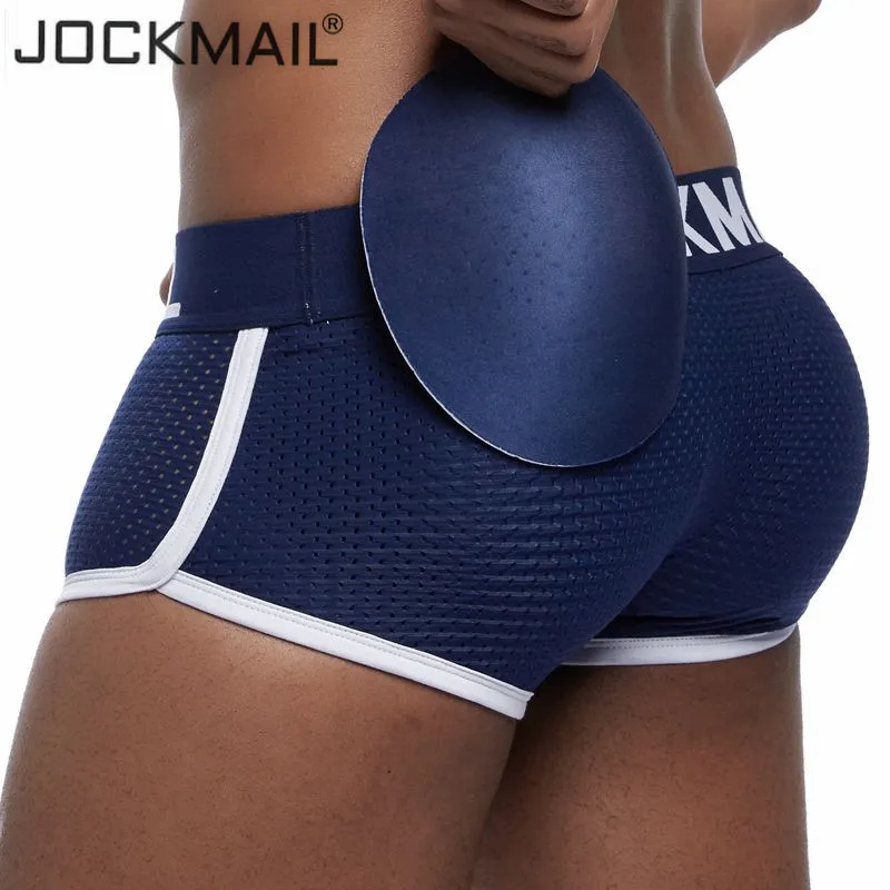 JOCKMAIL Breathable Mesh Enhancing Padded Hip Sexy Boxer Men Underwear Removable Enhancement Two Butt Pads and gay penis Pad