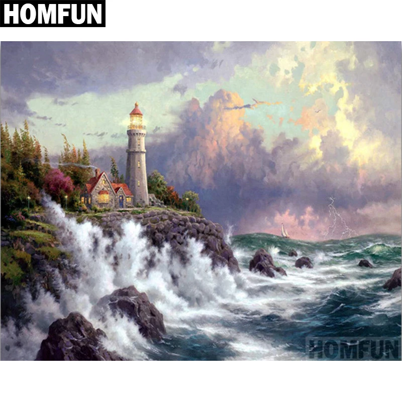 

HOMFUN Full Square/Round Drill 5D DIY Diamond Painting "Ocean Lighthouse" Embroidery Cross Stitch 5D Home Decor Gift A06052