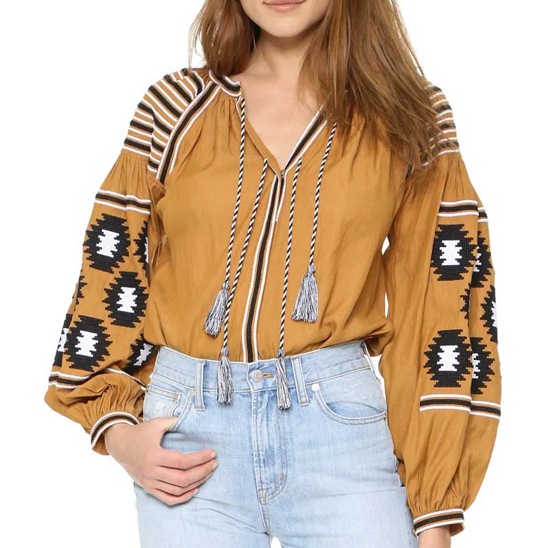 chic BOHO women Blouse geometirc embroidered Cotton shirt nine quarter lantern sleeve five colors loose Casual Women's Blouses | Женская