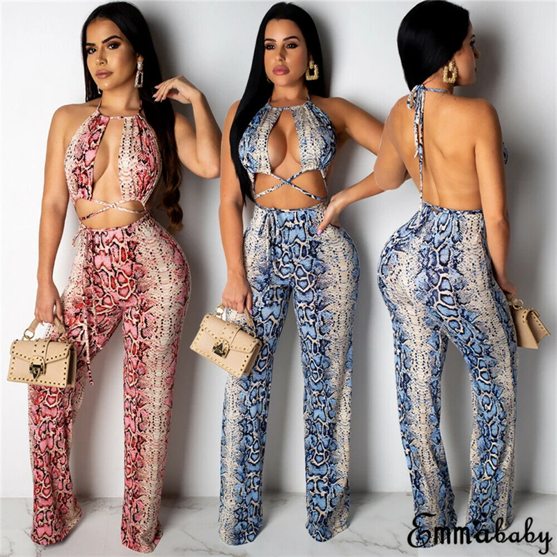 

Womens 2Pcs Co-ord Set Crop Top and Pants Ladies Summer Leopard Sexy StrapSets