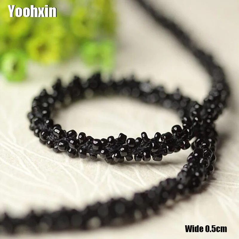 

0.5CM Wide Luxury Embroidery black beads flower lace fabric trim ribbon DIY sewing applique collar wedding dress guipure decor
