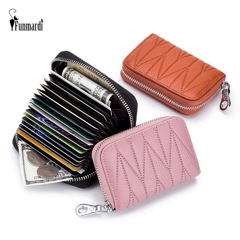 

FUNMARDI RFID Blocking Zipper Card Holder Women Wallet Genuine Leather Credit Card Bags For Men Coin Purses Bag Ladies WLHB1998