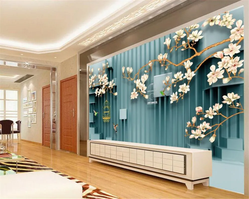 3D обои для фотосъемки с изображением магнолии птицы в клетке стереоскопические