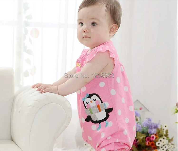 2014 boy girl O-neck strip summer open seat promper short animal cotton new born baby 0~2 years suit pink cartoon kids clothes | Детская