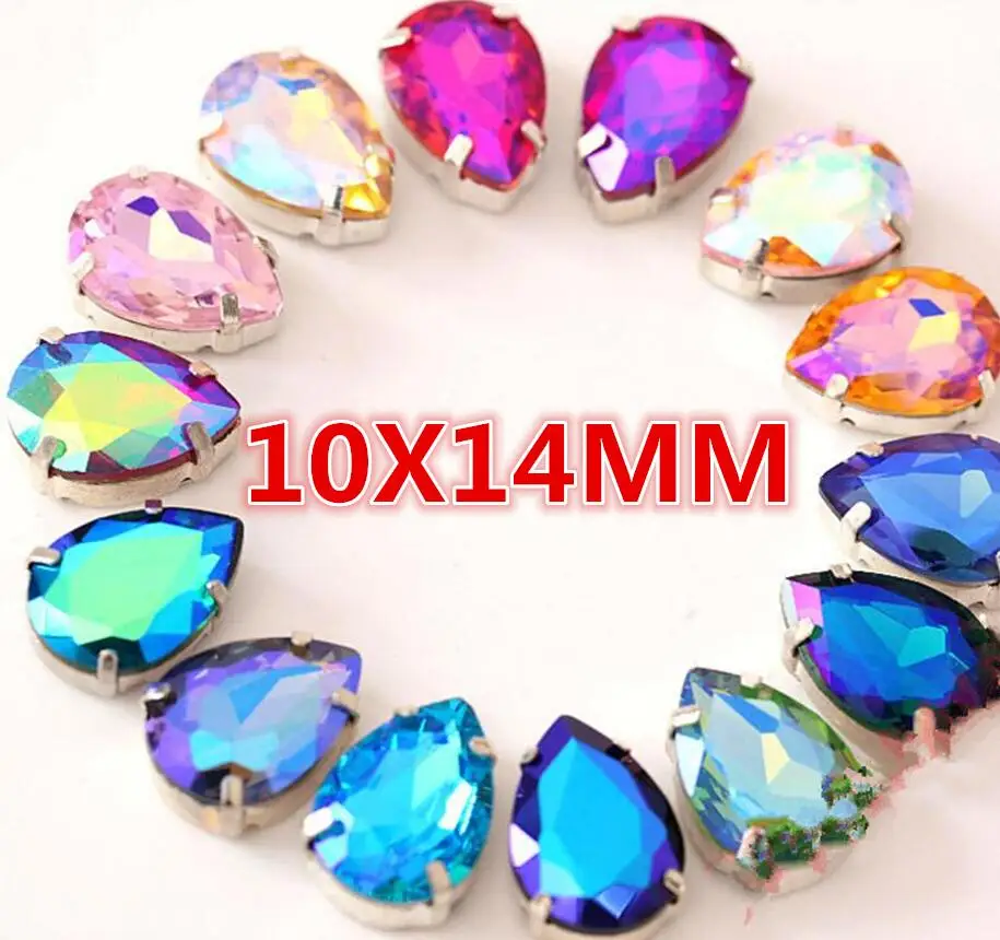 50 шт 10x14 мм Bling AB цвета DIY падение Кристалл Стразы Коготь пришивные стразы для