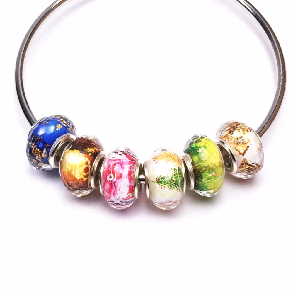 

14MM Mixed Colorful Glitter Powder Inside Printed Photo Large Hole Beads Charms Fit Jewelry Bracelet For Christmas 50Pcs/lot