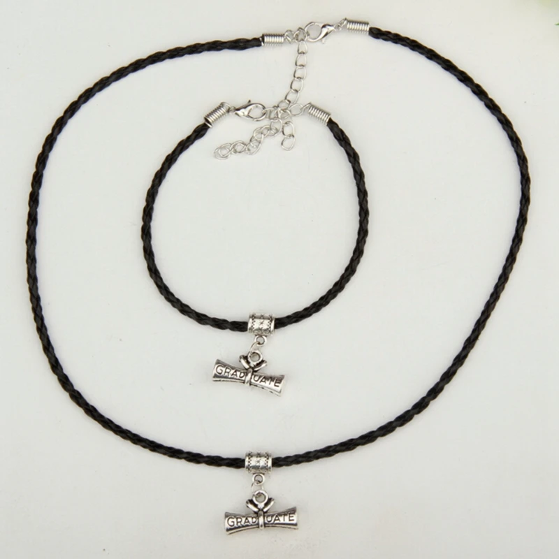 Hot 6set/lot Antique Silver Graduate Diploma Charm Pendant Multi Braided Leather Rope Necklace Bracelets Set Women Jewelry A258 | Украшения