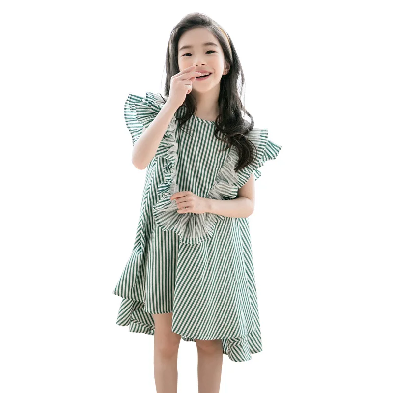 Summer Big Girls Ruffle Short Sleeve Loose Dress Stripe Cotton Fashion Kids Party costume 4-14 Yrs Teenager girl Princess Frocks | Детская