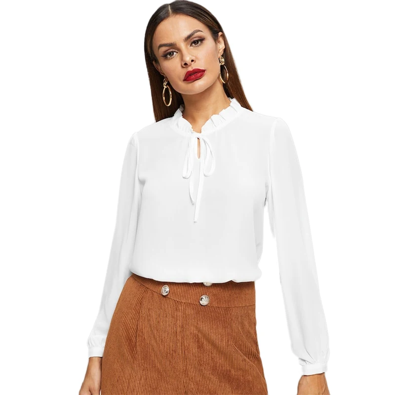 SHEIN Нарядная Однотонная Блузка С Длинным Рукавом, Офисная Блузка С Оригинальным Воротником