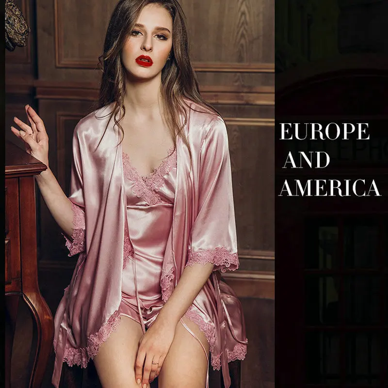 

New spring autumn elegant womens silk satin 3 piece sleep suit 3pcs pajama sets sleepwear women lounge
