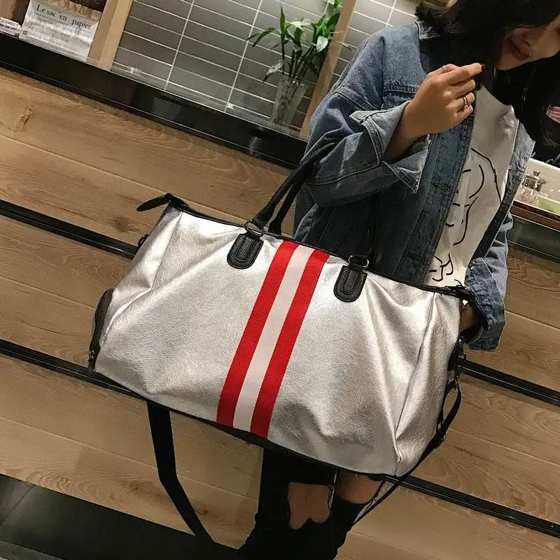 Модная Женская дорожная сумка в полоску вместительные Серебристые сумочки из