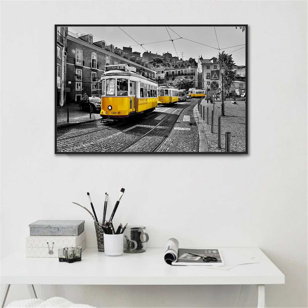

Gohipang Nordic Posters and Prints Yellow Telephone Booth Bus Black White Wall Art London Pairs Wall Pictures For Living Room