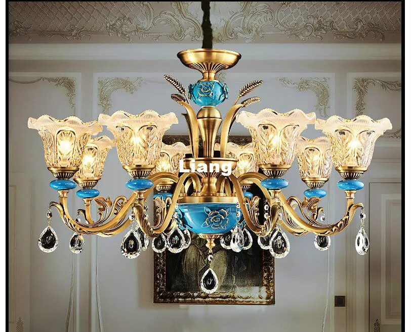 Free Shipping Copper Crystal Chandelier Bronze Blue Ceramic Lamp LED Lustre Suspensions Home Decoration 100% Guaranteed | Лампы и