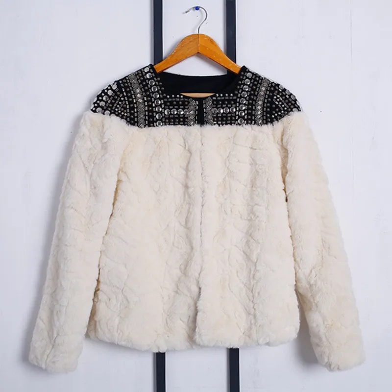 Новая мода, весна-осень, Женское шерстяное пальто с мехом, бежевое, с длинным рукавом, с бисером, в стиле пэчворк, зимние, толстые, теплые куртки и пальто, LH696
